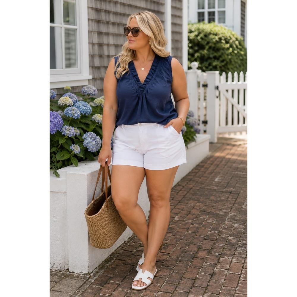 Crown & Ivy Curvy Navy Blue Linen Ruffle V-Neck Sleeveless Top 1X Retail $64.50